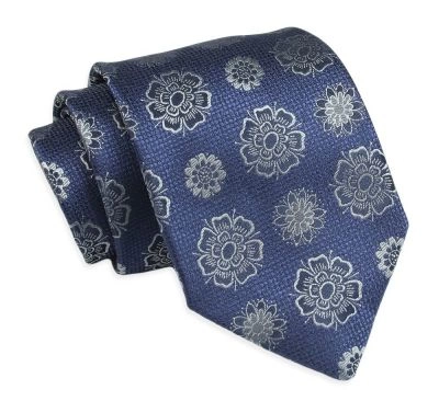 Krawat Klasyczny, Męski, Granatowy w Szare Kwiatki, Szeroki 8 cm, Elegancki -CHATTIER