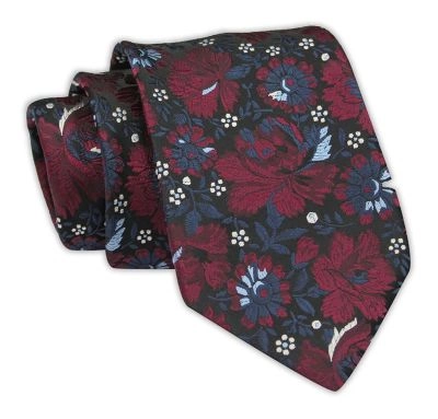 Krawat Męski, Bordowo-Niebieski w Kwiaty, Klasyczny, Szeroki 7,5 cm, Elegancki -CHATTIER
