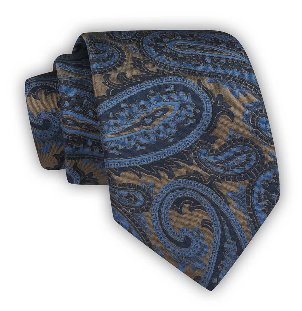 Krawat Męski, Brązowo-Granatowy, Duże Paisley, Klasyczny, Szeroki 8 cm, Elegancki -CHATTIER