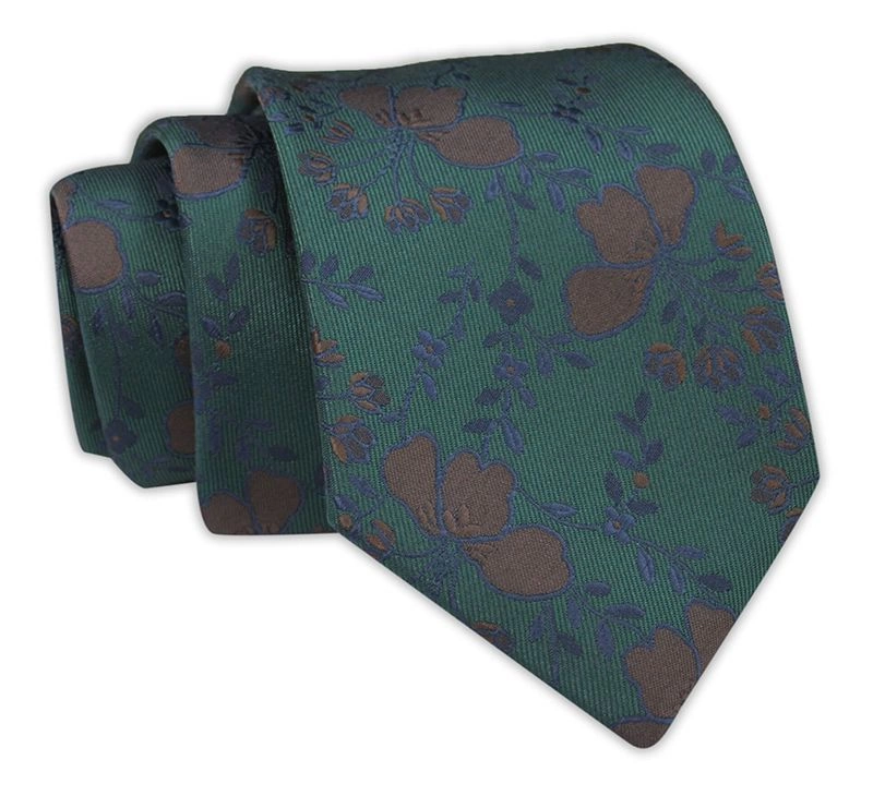 Krawat Męski, Butelkowy w Brązowo-Granatowe Kwiatki Klasyczny, Szeroki 7,5 cm, Elegancki -CHATTIER