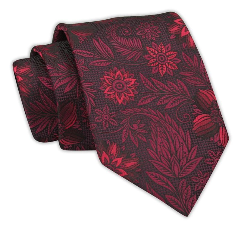 Krawat Męski, Ciemny Czerwony w Kwiatki, Klasyczny, Szeroki 7,5 cm, Elegancki -CHATTIER