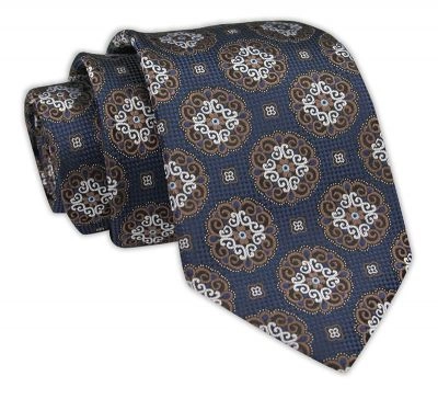 Krawat Męski, Granatowo-Brązowy Klasyczny, Wzór Geometryczny, Szeroki 7,5 cm, Elegancki -CHATTIER