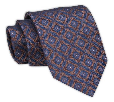 Krawat Męski, Granatowo-Brązowy Wzór Geometryczny, Klasyczny, Szeroki 7,5 cm, Elegancki -CHATTIER