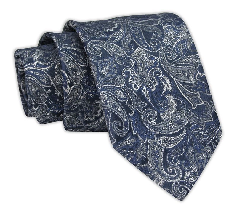Krawat Męski, Granatowo-Szary w Paisley, Klasyczny, Szeroki 7,5 cm, Elegancki -CHATTIER