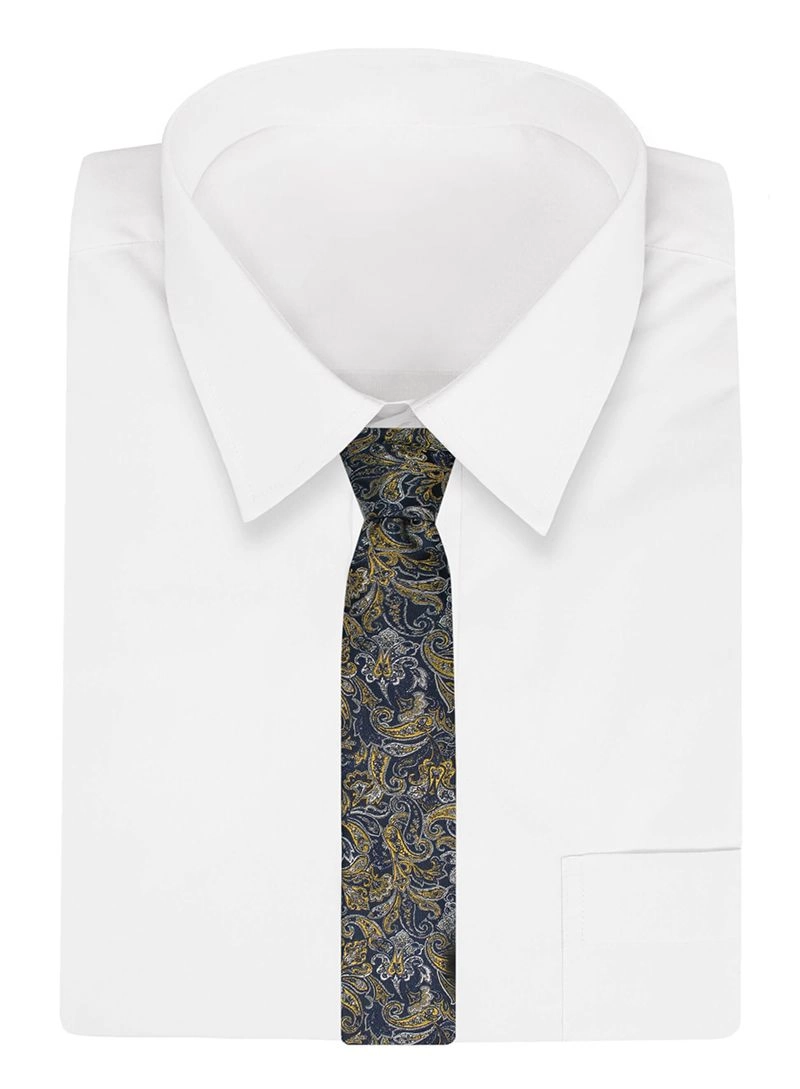 Krawat Męski, Granatowo-Żółty w Paisley, Łezki, Klasyczny, Szeroki 7,5 cm, Elegancki -CHATTIER