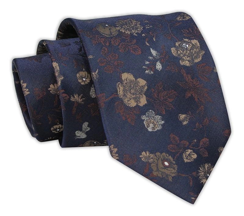 Krawat Męski, Granatowy w Beżowo-Brązowe Kwiatki, Klasyczny, Szeroki 7,5 cm, Elegancki -CHATTIER