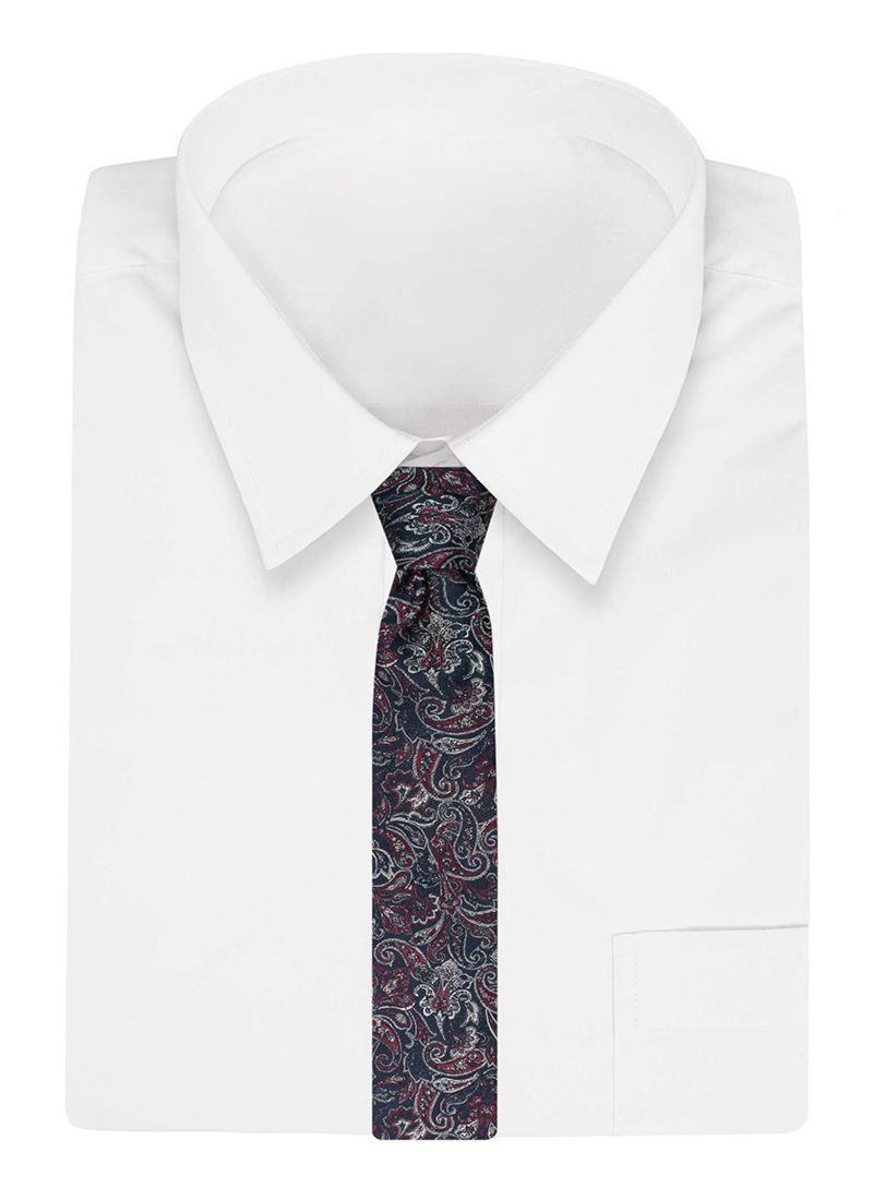 Krawat Męski, Granatowy w Biało-Bordowy Wzór Orientalny Paisley Klasyczny, Szeroki 7,5 cm -CHATTIER