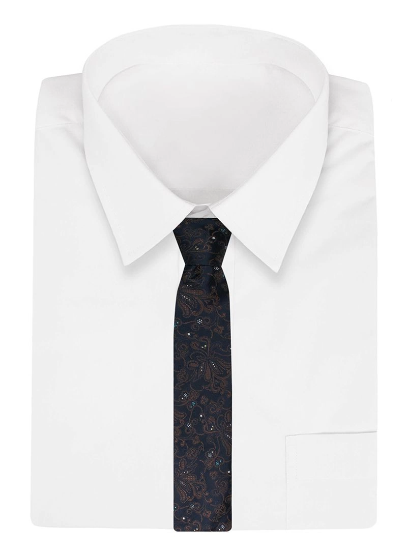 Krawat Męski, Granatowy w Brązowy Wzór Orientalny, Klasyczny, Szeroki 7,5 cm, Elegancki -CHATTIER
