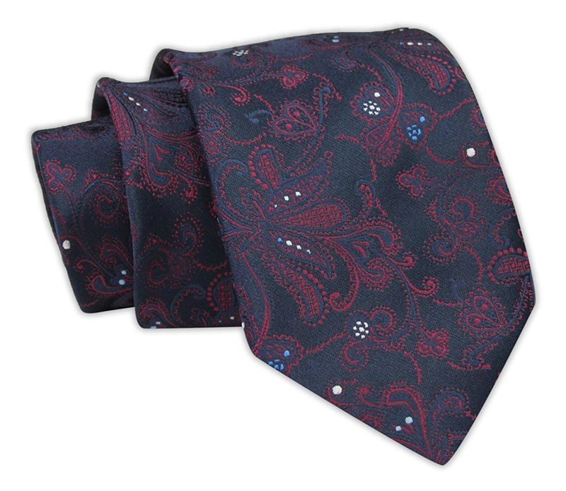 Krawat Męski, Granatowy w Czerwony Wzór Orientalny, Klasyczny, Szeroki 7,5 cm, Elegancki -CHATTIER