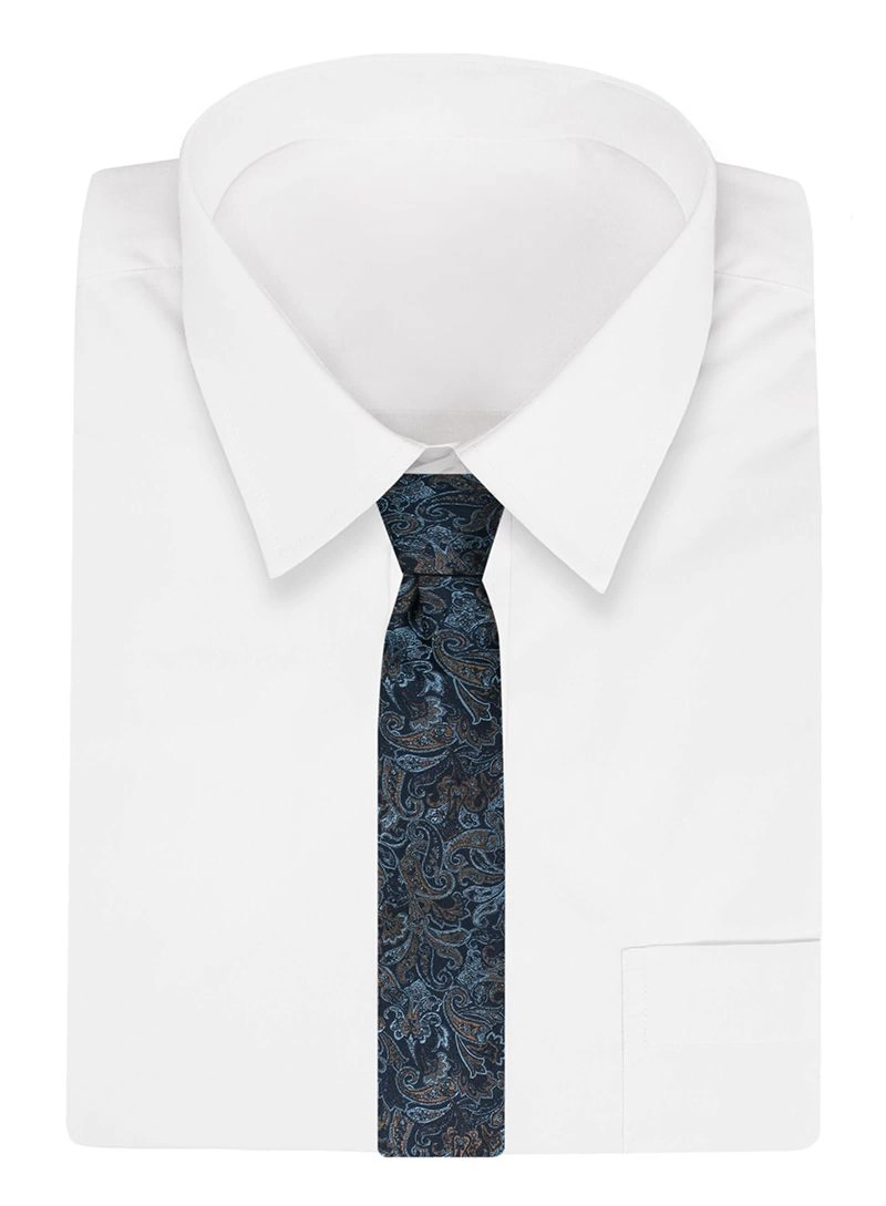 Krawat Męski, Granatowy w Niebiesko-Brązowy Wzór Paisley, Klasyczny, Szeroki 7,5 cm -CHATTIER