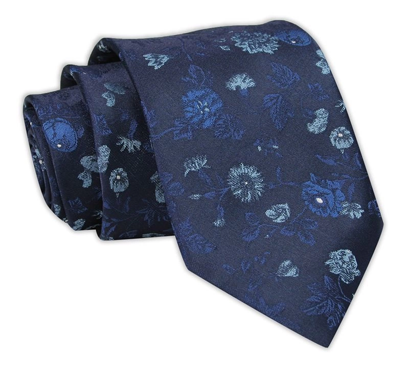 Krawat Męski, Granatowy w Niebiesko-Chabrowe Kwiatki, Klasyczny, Szeroki 7,5 cm, Elegancki -CHATTIER