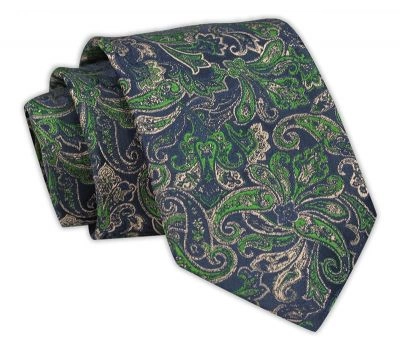 Krawat Męski, Granatowy w Zielono-Beżowy Wzór Paisley Klasyczny, Szeroki 7,5 cm, Elegancki -CHATTIER