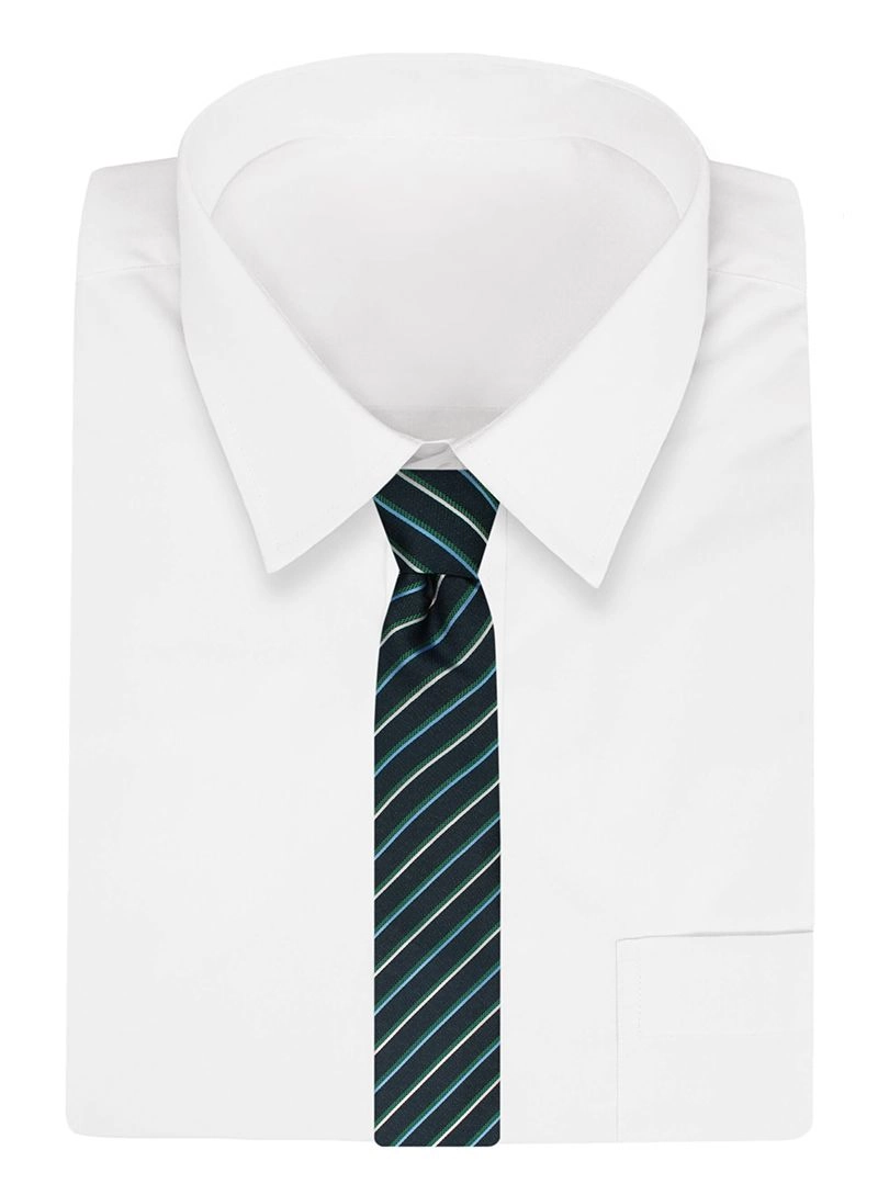 Krawat Męski, Granatowy w Zielono-Niebieskie Paski, Klasyczny, Szeroki 7,5 cm, Elegancki -CHATTIER