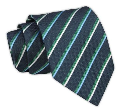 Krawat Męski, Granatowy w Zielono-Niebieskie Paski, Klasyczny, Szeroki 7,5 cm, Elegancki -CHATTIER