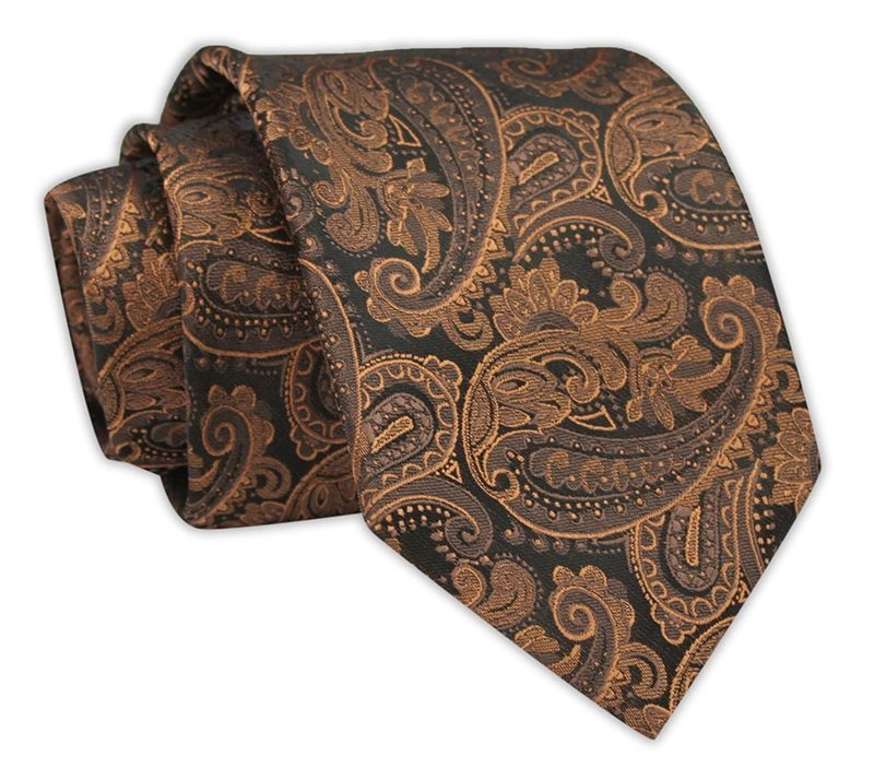 Krawat Męski, Karmelowy, Wzór Orientalny, Paisley, Klasyczny, Szeroki 7,5 cm, Elegancki -CHATTIER