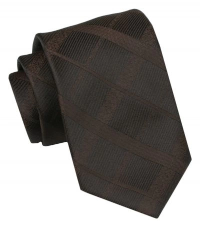 Krawat Męski, Klasyczny - ALTIES - Brązowy, Deseń w Kratę