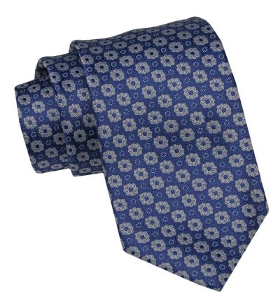 Krawat Męski, Klasyczny - ALTIES - Niebieski, Kwiatowe Grochy