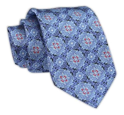 Krawat Męski, Niebieski, Błękitny, Wzór Geometryczny, Klasyczny, Szeroki 7,5 cm, Elegancki -CHATTIER