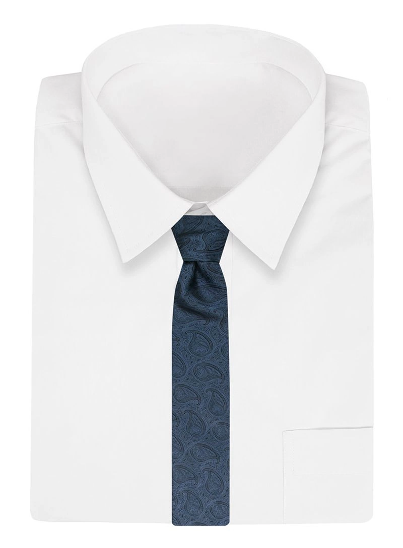 Krawat Męski, Niebieski Klasyczny w Paisley, Łezki, Szeroki 7,5 cm, Elegancki -CHATTIER