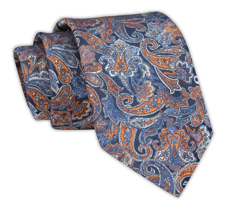 Krawat Męski, Niebiesko-Pomarańczowy w Paisley, Klasyczny, Szeroki 7,5 cm, Elegancki -CHATTIER