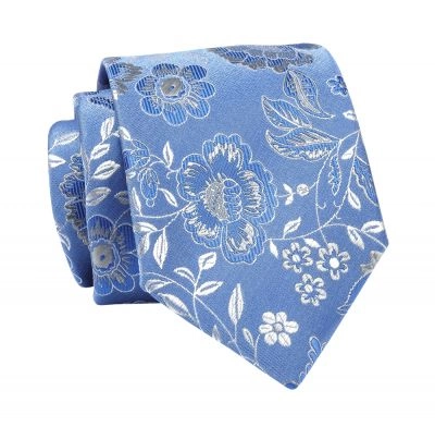 Krawat Niebieski, Błękitny w Kwiatki, 7 cm, Elegancki, Klasyczny, Męski -ALTIES