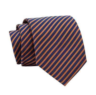 Krawat Pomarańczowo-Granatowy w Paski 7 cm, Elegancki, Klasyczny, Męski -ALTIES