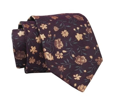 Krawat Śliwkowy w Beżowe Kwiatki, 7 cm, Elegancki, Klasyczny, Męski -ALTIES