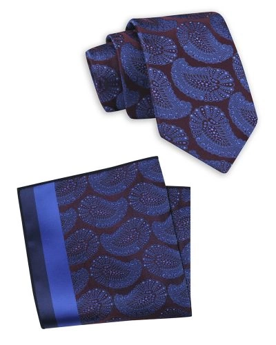 Krawat z Taką Samą Poszetką, Komplet, Bordowo-Chabrowy Wzór Paisley, Elegancki -Stefano Corvali