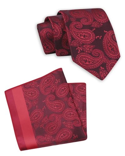 Krawat z Taką Samą Poszetką, Komplet, Czerwono-Bordowy, Wzór Paisley, Klasyczny -Stefano Corvali
