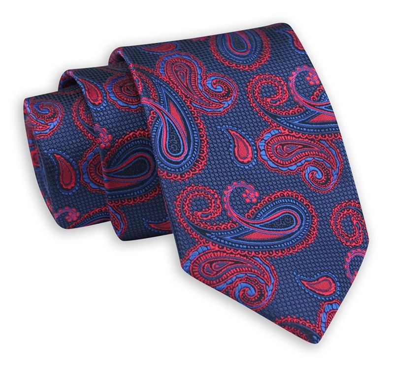 Krawat z Taką Samą Poszetką, Komplet, Niebiesko-Czerwony Wzór Paisley, 7.5 cm -Stefano Corvali