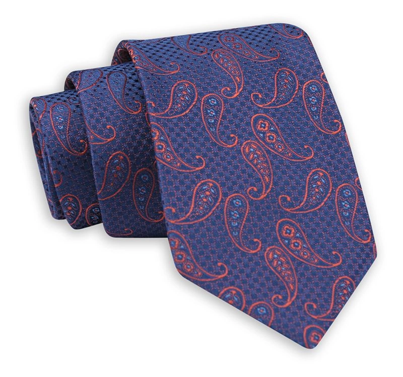 Krawat z Taką Samą Poszetką, Komplet, Niebiesko-Pomarańczowy Wzór Paisley, Klasyczny-Stefano Corvali