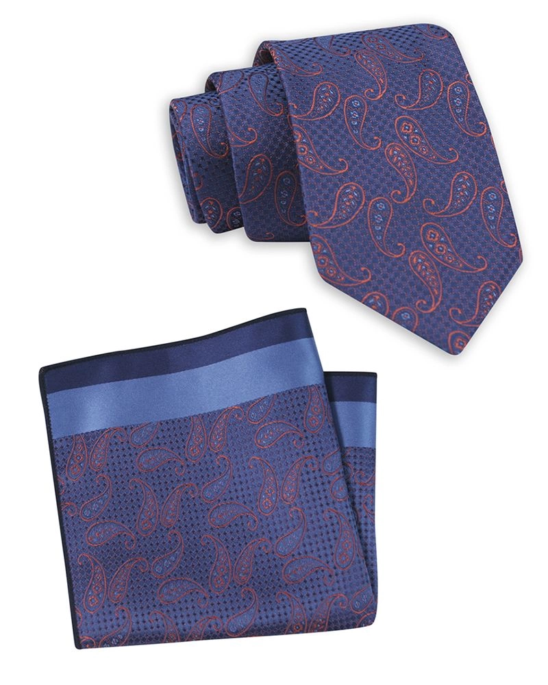 Krawat z Taką Samą Poszetką, Komplet, Niebiesko-Pomarańczowy Wzór Paisley, Klasyczny-Stefano Corvali