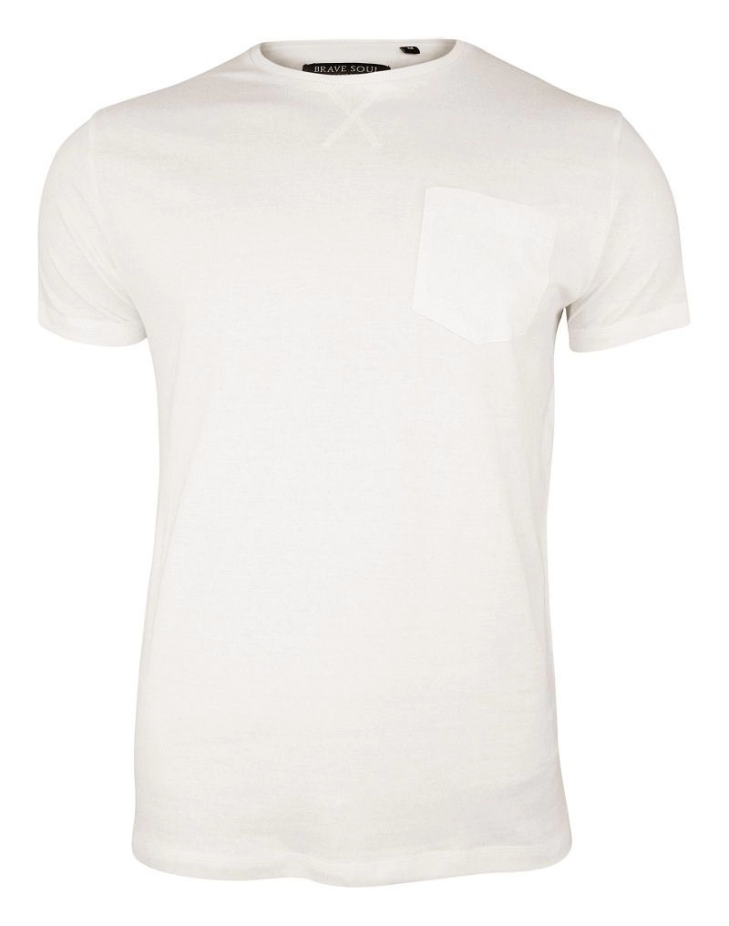 Kremowy T-Shirt (Koszulka) z Kieszonką, Bez Nadruku -Brave Soul Męski, Okrągły Dekolt, Écru, Bawełna