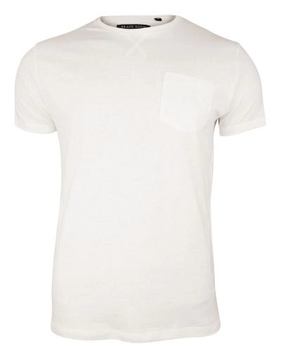Kremowy T-Shirt (Koszulka) z Kieszonką, Bez Nadruku -Brave Soul Męski, Okrągły Dekolt, Écru, Bawełna