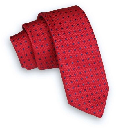 Krwisty Czerwony Klasyczny Męski Krawat -ALTIES- 6cm, w Granatowe Kropki, Groszki