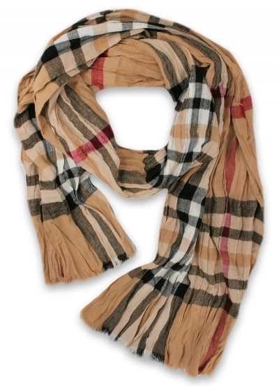 Męski, Lekki Szalik Wiosenno-Jesienny, Brązowo-Beżowy w Szkocką Kratę, Tartan