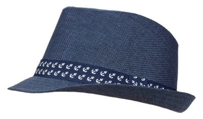 Letni Męski Kapelusz, Wakacyjny, Granatowy, Trilby, Pasek w Kotwice, Żeglarski, Pako Jeans