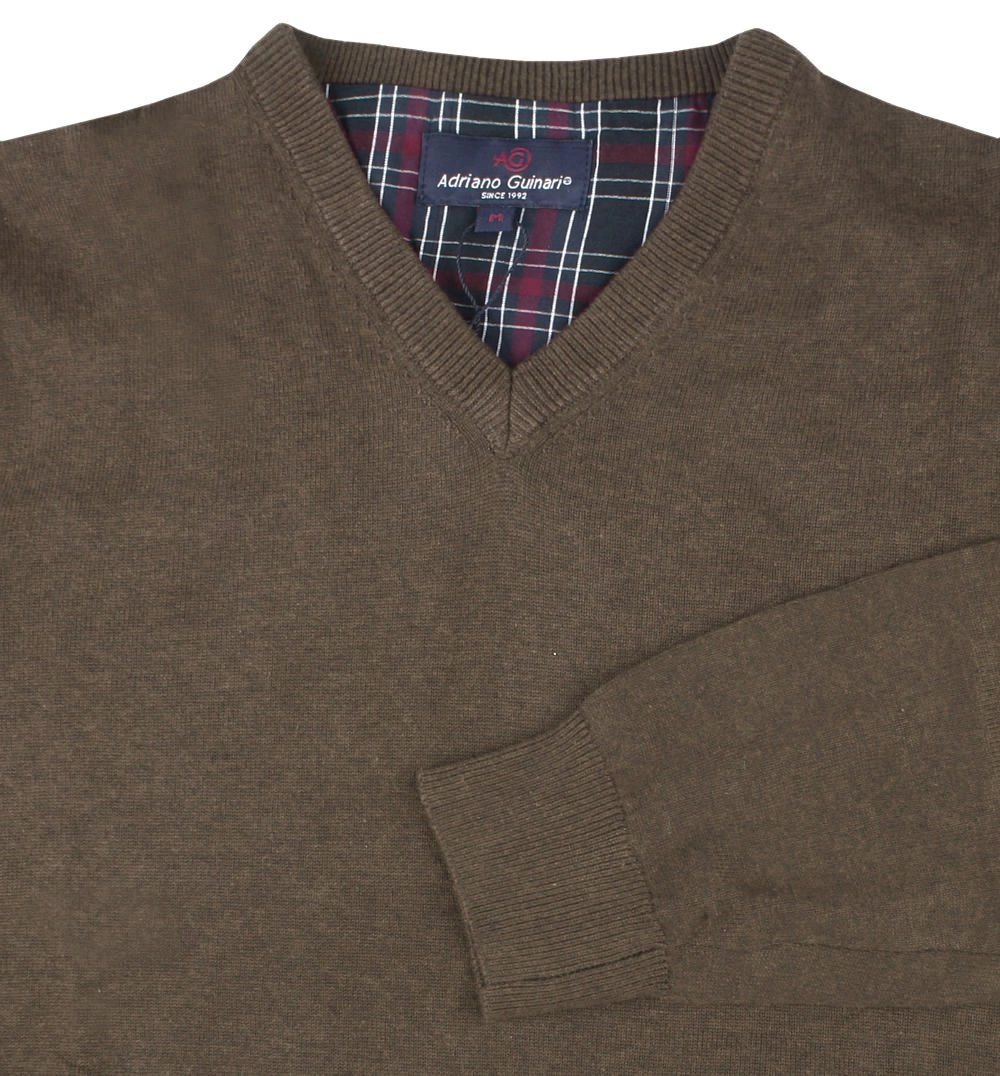 Męski, Bawełniany Sweter w Serek (V-neck) - Adriano Guinari - Brązowy
