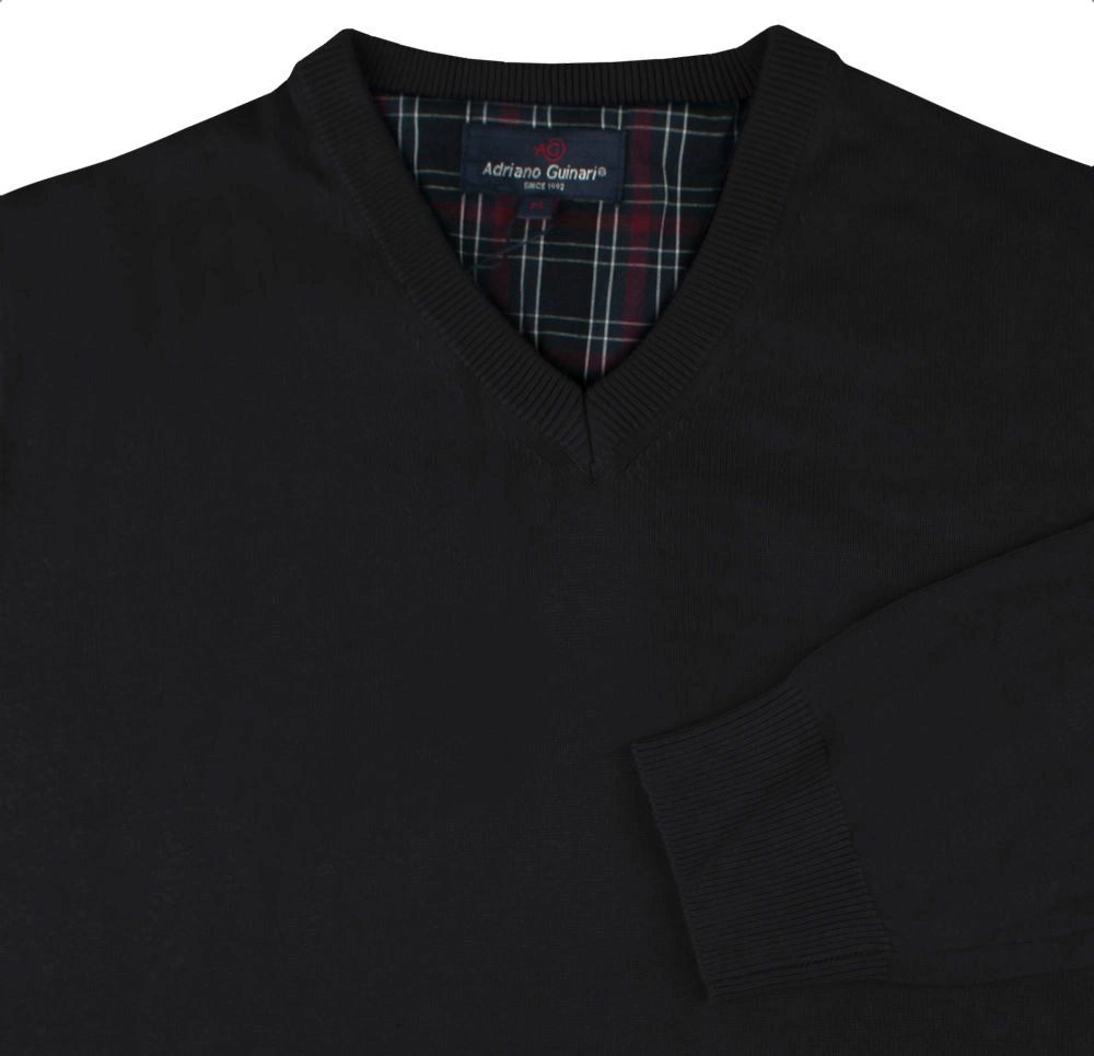 Męski, Bawełniany Sweter w Serek (V-neck) - Adriano Guinari - Czarny