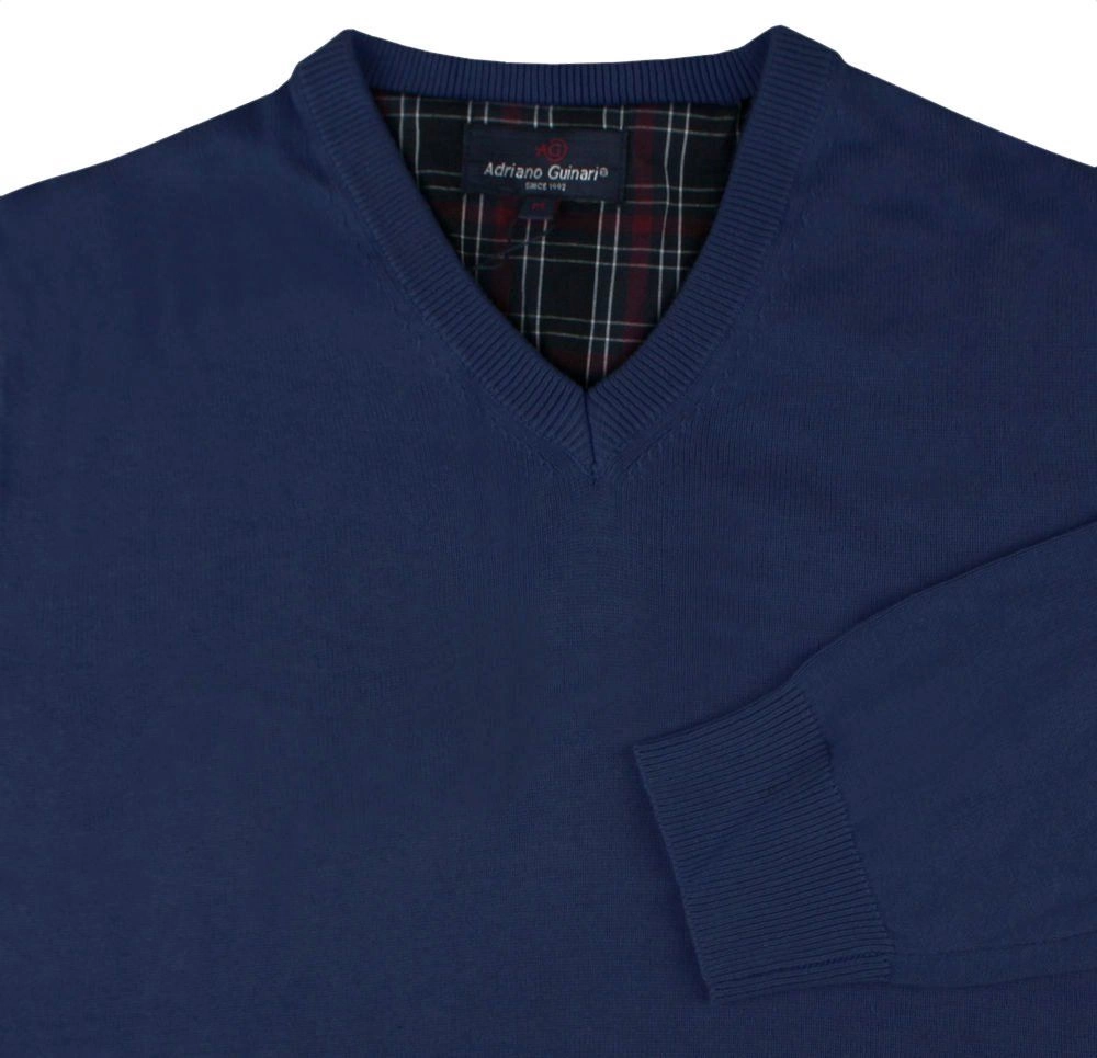 Męski, Bawełniany Sweter w Serek (V-neck) - Adriano Guinari - Granat