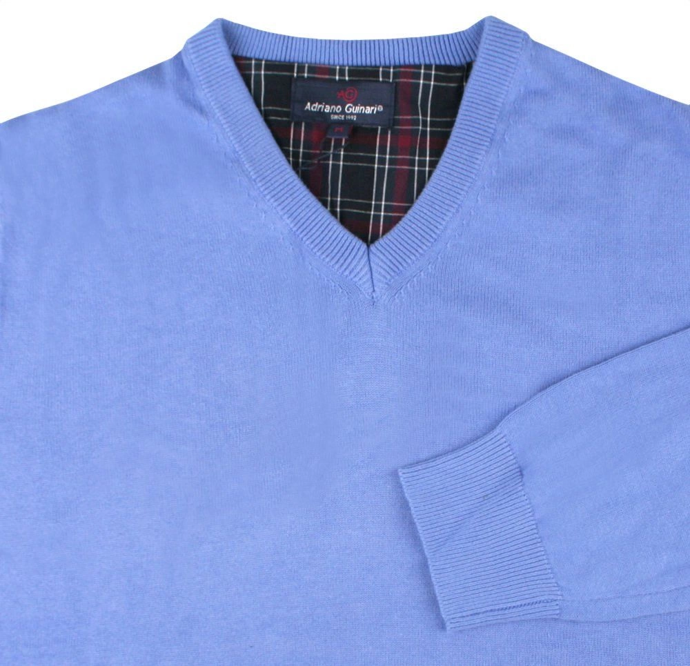 Męski, Bawełniany Sweter w Serek (V-neck) - Adriano Guinari - Niebieski