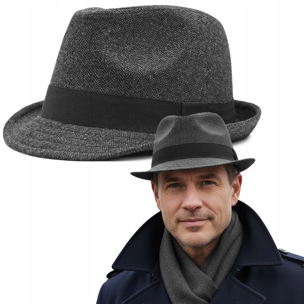 Męski Kapelusz z Wełną, Jesień-Zima, Trilby -Pako Jeans- Grafit, Jodełka