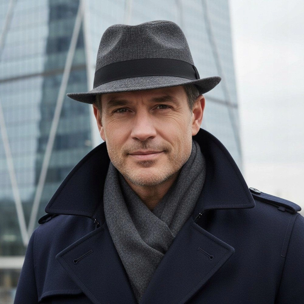 Męski Kapelusz z Wełną, Jesień-Zima, Trilby -Pako Jeans- Grafit, Jodełka