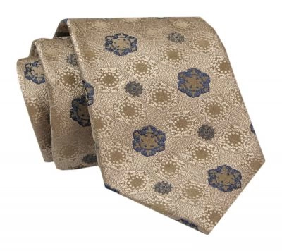 Męski Krawat - ALTIES - Klasyczny - Beżowy w Granatowe Motywy Kwiatowe