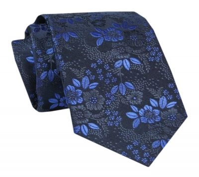 Męski Krawat - ALTIES - Klasyczny - Granat w Niebieskie Kwiaty