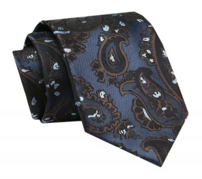 Męski Krawat - ALTIES - Klasyczny - Granatowy z Brązowym Motywem Paisley