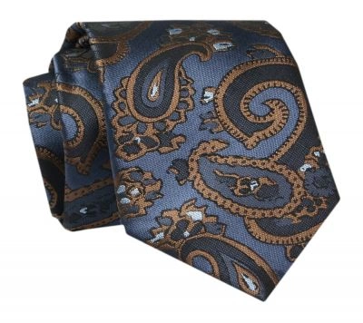 Męski Krawat - ALTIES - Klasyczny - Niebieski z Jasnobrązowym Motywem