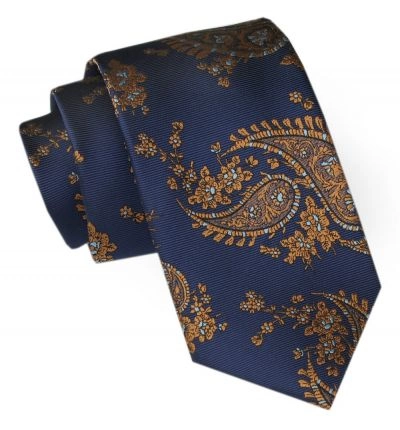 Męski Krawat Angelo di Monti - Granat z Dużym Złotym Paisley