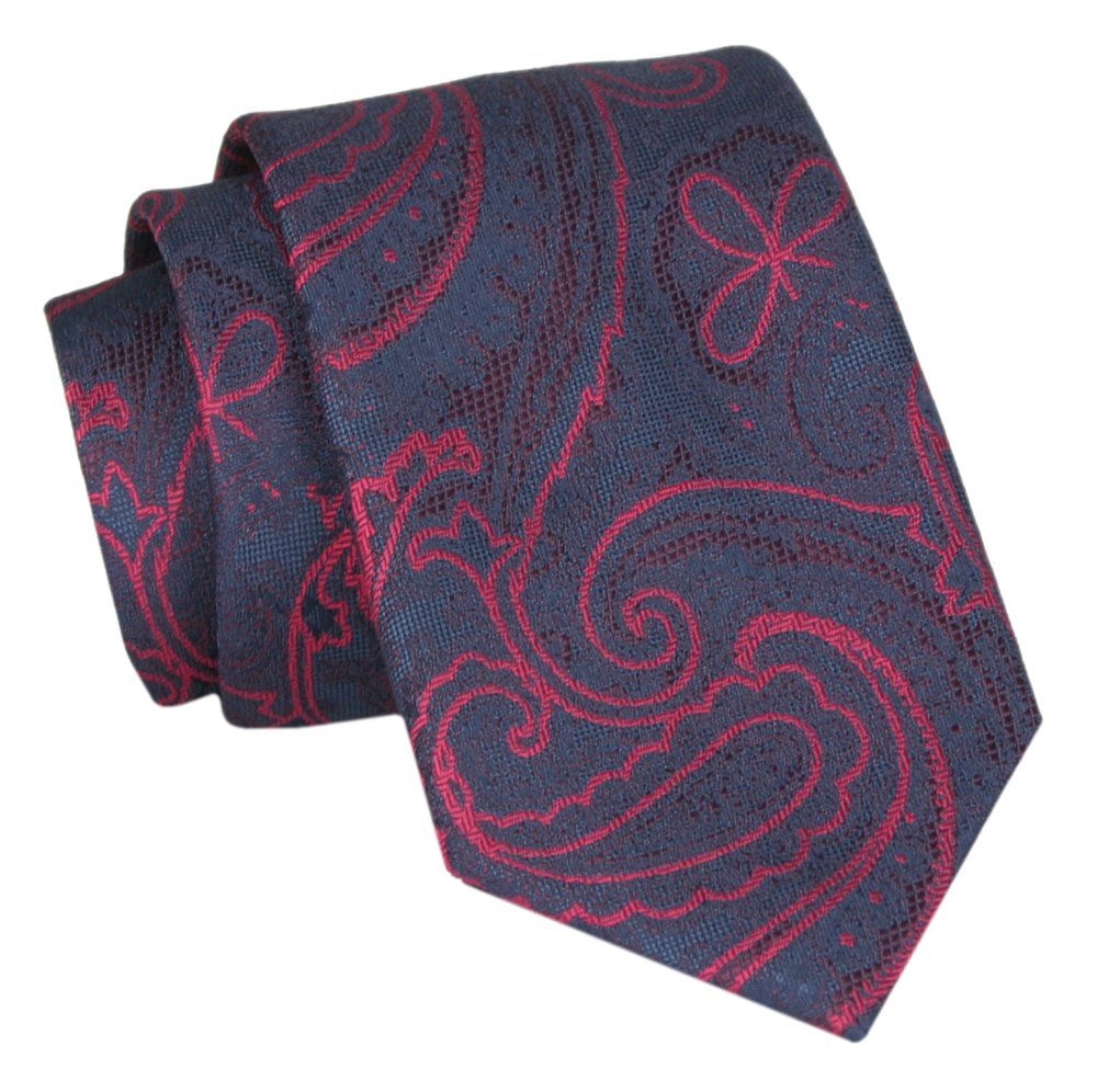 Męski Krawat - Granat z Czerwonym Dużym Wzorem - Angelo di Monti 