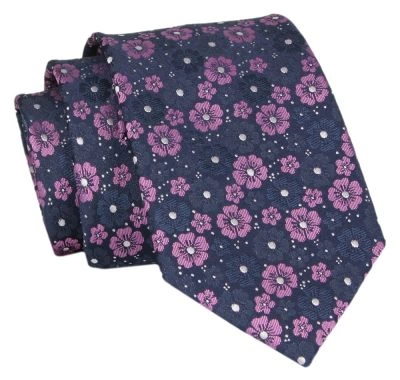 Męski Krawat - Granatowy w Kwiaty - Angelo di Monti  
